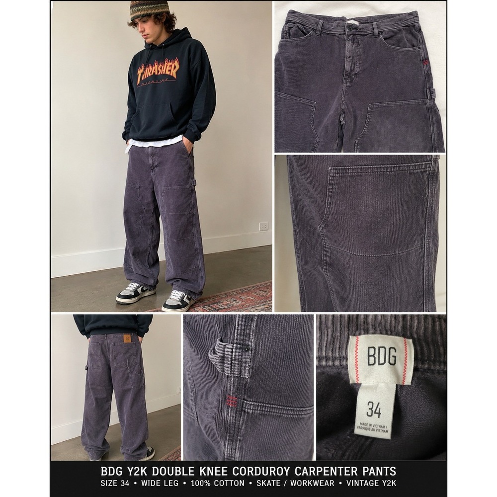 VTG BDG Carpenter Pants Mens 36 Grey Corduroy Wide Leg Double Knee Utility Y2K